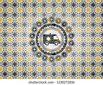 ambulance icon inside arabic emblem background. Arabesque decoration.