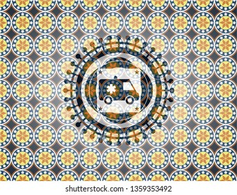 ambulance icon inside arabic emblem background. Arabesque decoration.