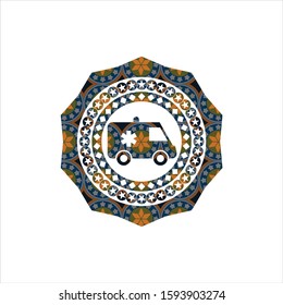 ambulance icon inside arabic emblem background. Arabesque decoration.