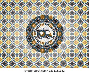 ambulance icon inside arabic style badge. Arabesque decoration.