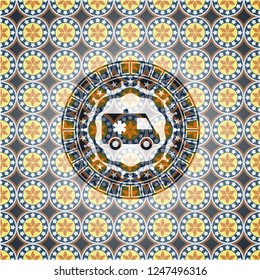 ambulance icon inside arabic style badge. Arabesque decoration.