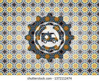ambulance icon inside arabic style badge. Arabesque decoration.