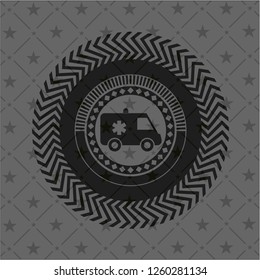 ambulance icon inside black emblem. Vintage.