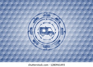 ambulance icon inside blue badge with geometric pattern.
