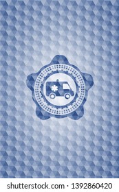 ambulance icon inside blue badge with geometric pattern.