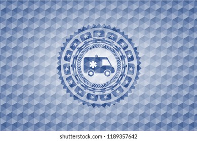 ambulance icon inside blue emblem or badge with abstract geometric polygonal pattern background.