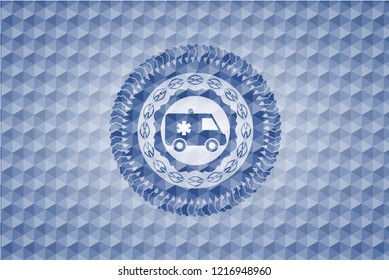 ambulance icon inside blue emblem with geometric pattern.