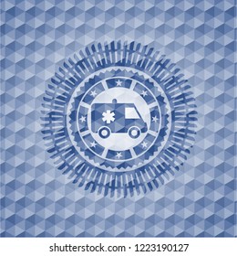 ambulance icon inside blue emblem or badge with abstract geometric polygonal pattern background.