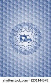 ambulance icon inside blue emblem with geometric pattern.
