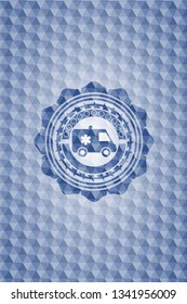 ambulance icon inside blue emblem with geometric pattern.