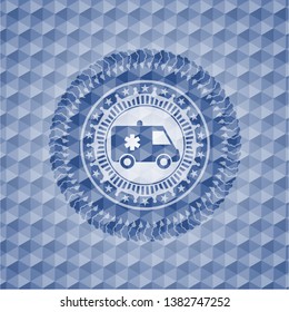 ambulance icon inside blue emblem or badge with abstract geometric polygonal pattern background.