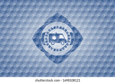 ambulance icon inside blue emblem or badge with abstract geometric pattern background.