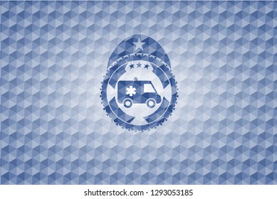 ambulance icon inside blue polygonal emblem.