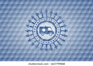 ambulance icon inside blue polygonal emblem.