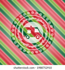 ambulance icon inside christmas colors style badge. 
