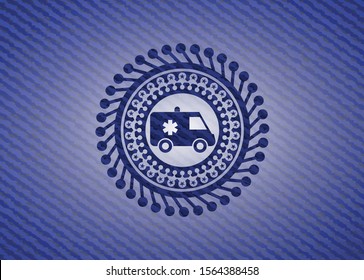 ambulance icon inside emblem with jean background