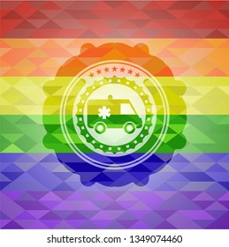 ambulance icon inside emblem on mosaic background with the colors of the LGBT flag