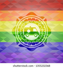 ambulance icon inside emblem on mosaic background with the colors of the LGBT flag