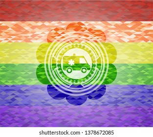 ambulance icon inside emblem on mosaic background with the colors of the LGBT flag