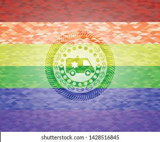 ambulance icon inside emblem on mosaic background with the colors of the LGBT flag