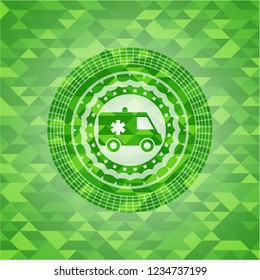 ambulance icon inside green emblem with mosaic background