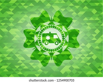 ambulance icon inside green emblem. Mosaic background