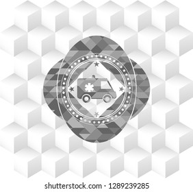 ambulance icon inside grey badge with geometric cube white background