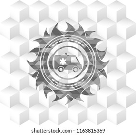 ambulance icon inside grey emblem. Retro with geometric cube white background