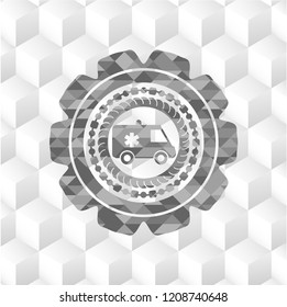 ambulance icon inside grey emblem. Retro with geometric cube white background