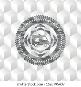 ambulance icon inside grey icon or emblem with geometric cube white background