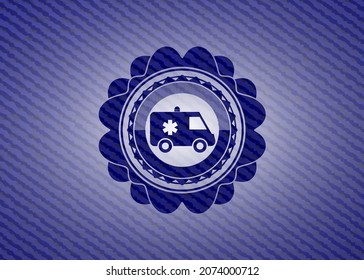 ambulance icon inside jean or denim emblem or badge background. 
