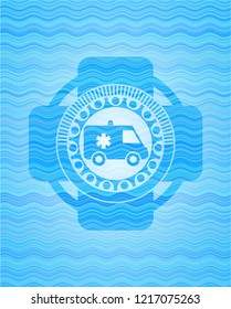 ambulance icon inside light blue water emblem background.