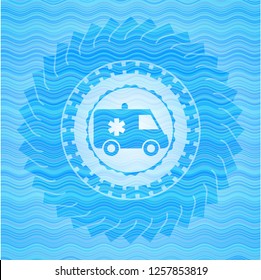 ambulance icon inside light blue water emblem.