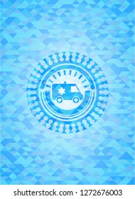 ambulance icon inside light blue emblem. Mosaic background