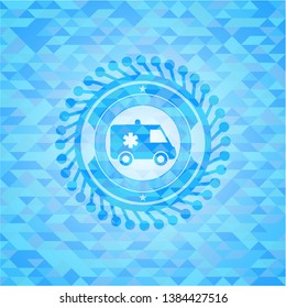 ambulance icon inside light blue emblem with mosaic background