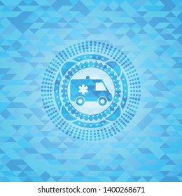 ambulance icon inside light blue emblem with mosaic background