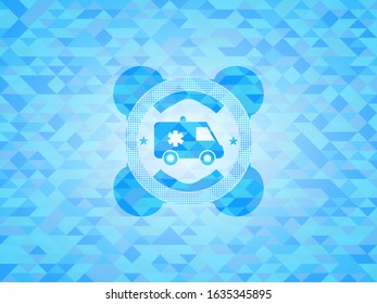 ambulance icon inside light blue emblem with triangle mosaic background