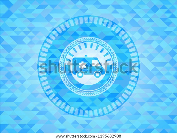 ambulance icon inside light blue emblem.\
Mosaic background