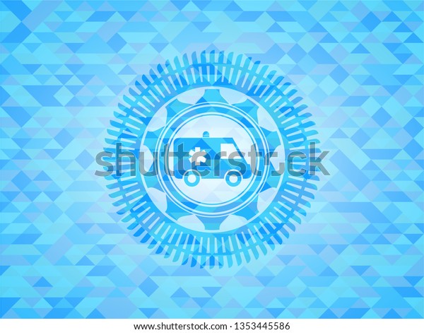 ambulance icon inside light blue emblem with\
triangle mosaic\
background
