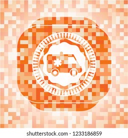 ambulance icon inside orange mosaic emblem with background