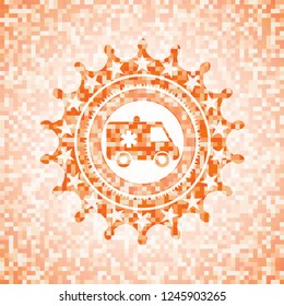 ambulance icon inside orange mosaic emblem with background