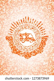 ambulance icon inside orange mosaic emblem with background