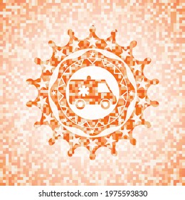 ambulance icon inside orange mosaic emblem. 