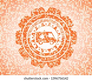 ambulance icon inside orange tile background illustration. Square geometric mosaic seamless pattern with emblem inside.