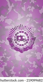 Ambulance Icon Inside Pink And Purple Camo Texture. 