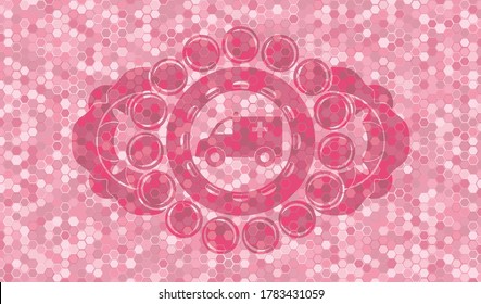 Ambulance icon inside pink tile mosaic pattern realistic emblem. Geometric hexagon exquisite background. Artistic illustration. 