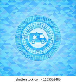 ambulance icon inside realistic light blue mosaic emblem