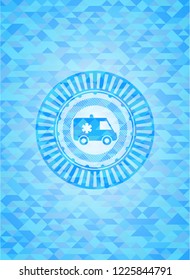 ambulance icon inside realistic light blue emblem. Mosaic background