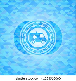 ambulance icon inside realistic sky blue emblem. Mosaic background