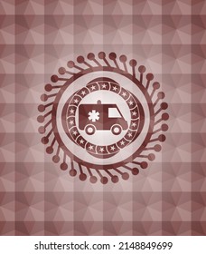 ambulance icon inside red badge with geometric pattern. Seamless. 